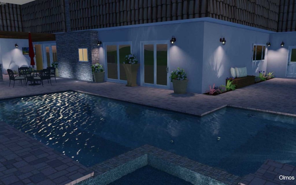 Olmos landscape 3d pool design with paver patio fire pit pergola and water features