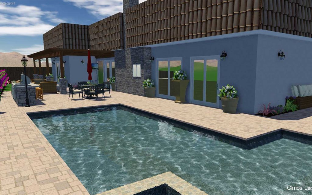 Olmos landscape 3d design with pool spa and water features