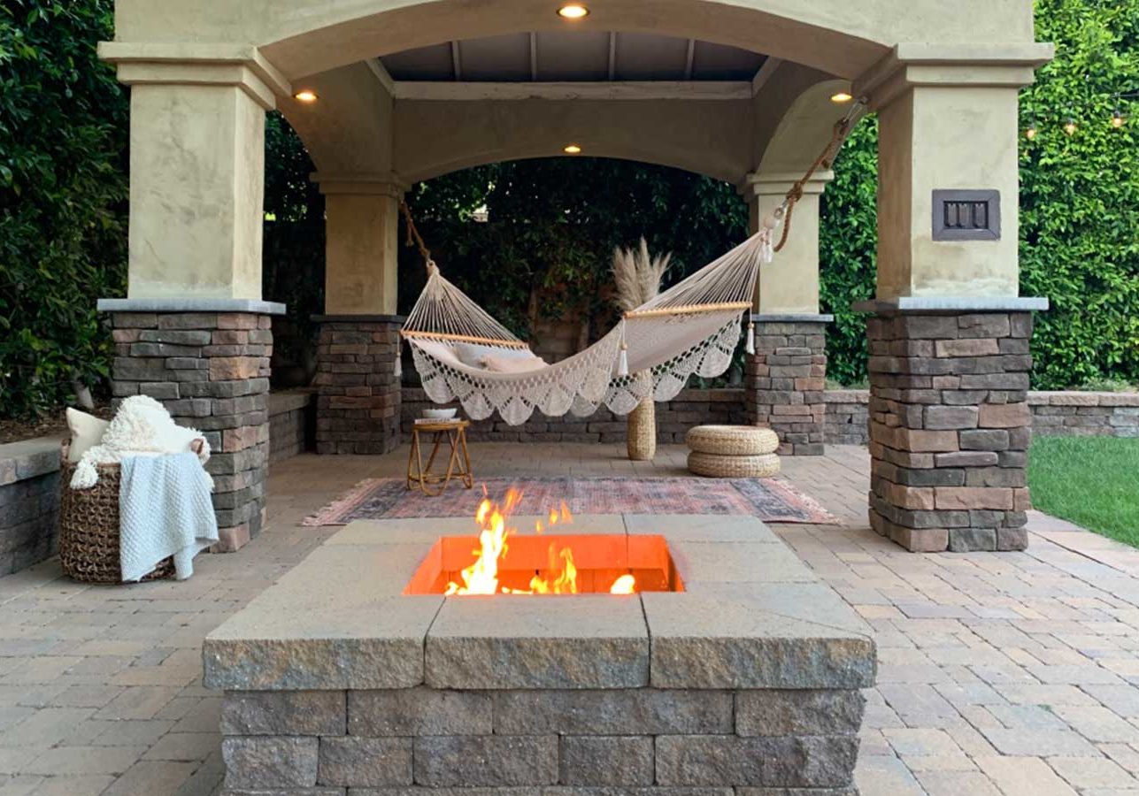 Olmos landscape patios with fire features, fire pits and outdoor fireplaces